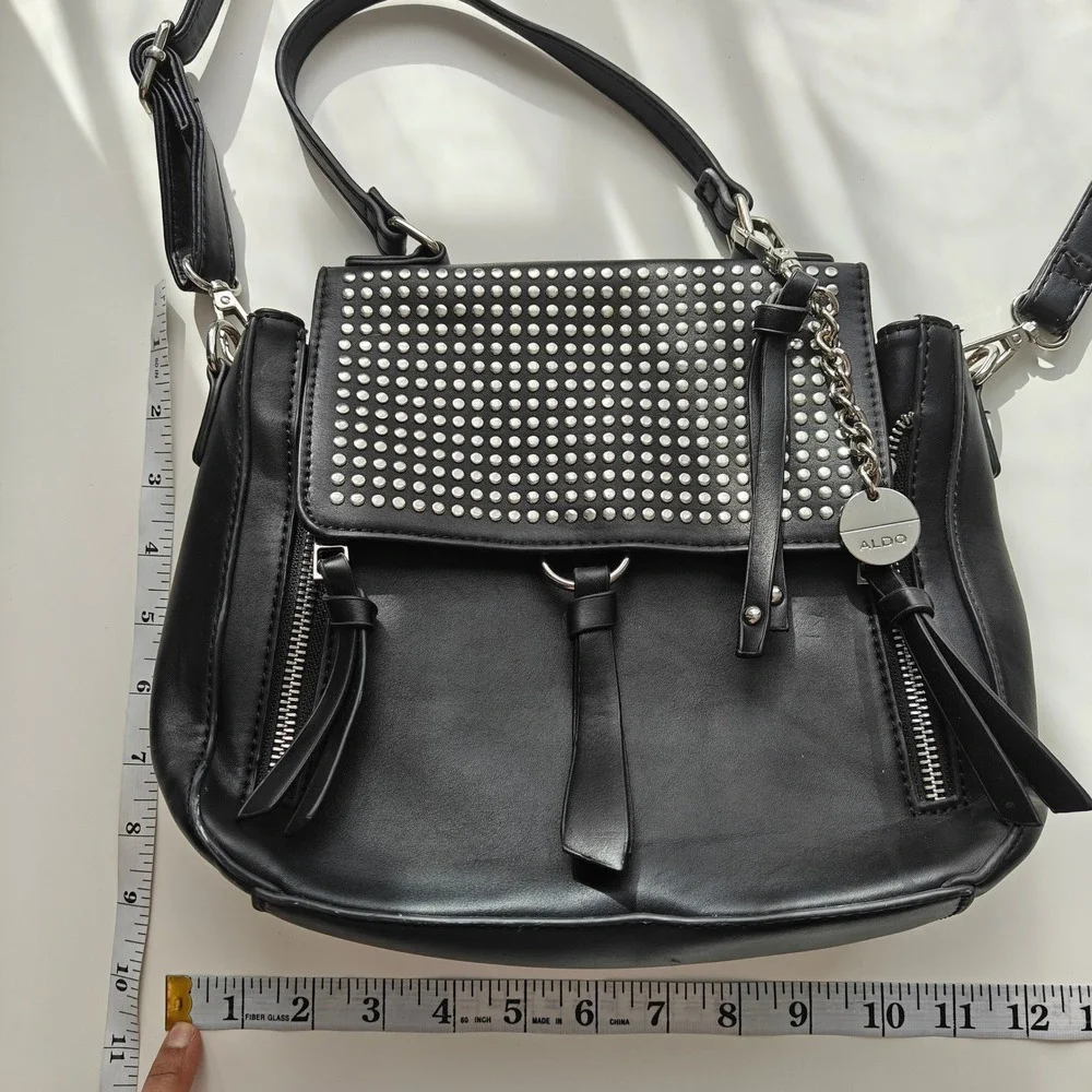 Aldo Black Studded Crossbody Bag Silver Hardware Moto Rocker Satchel Handbag
